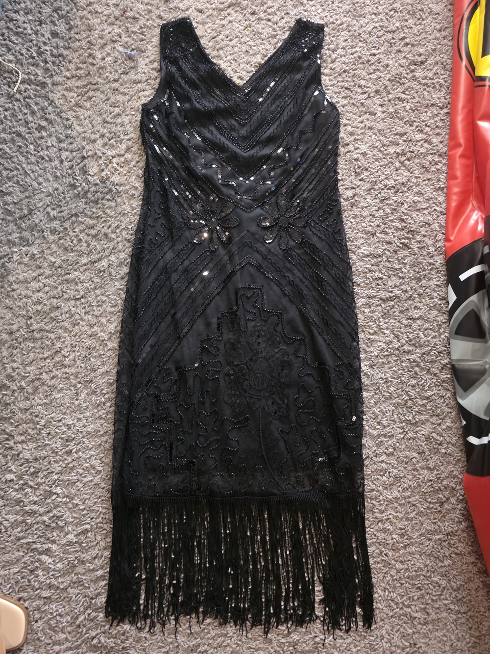 Black Beaded Fringe V-Neck Midi Dress